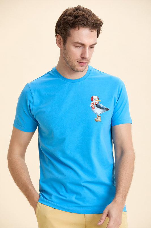 Turquoise Printed and Cotton T-Shirt