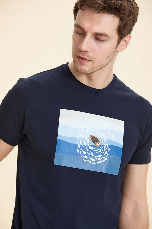 Navy Blue Crew Neck Printed T-Shirt