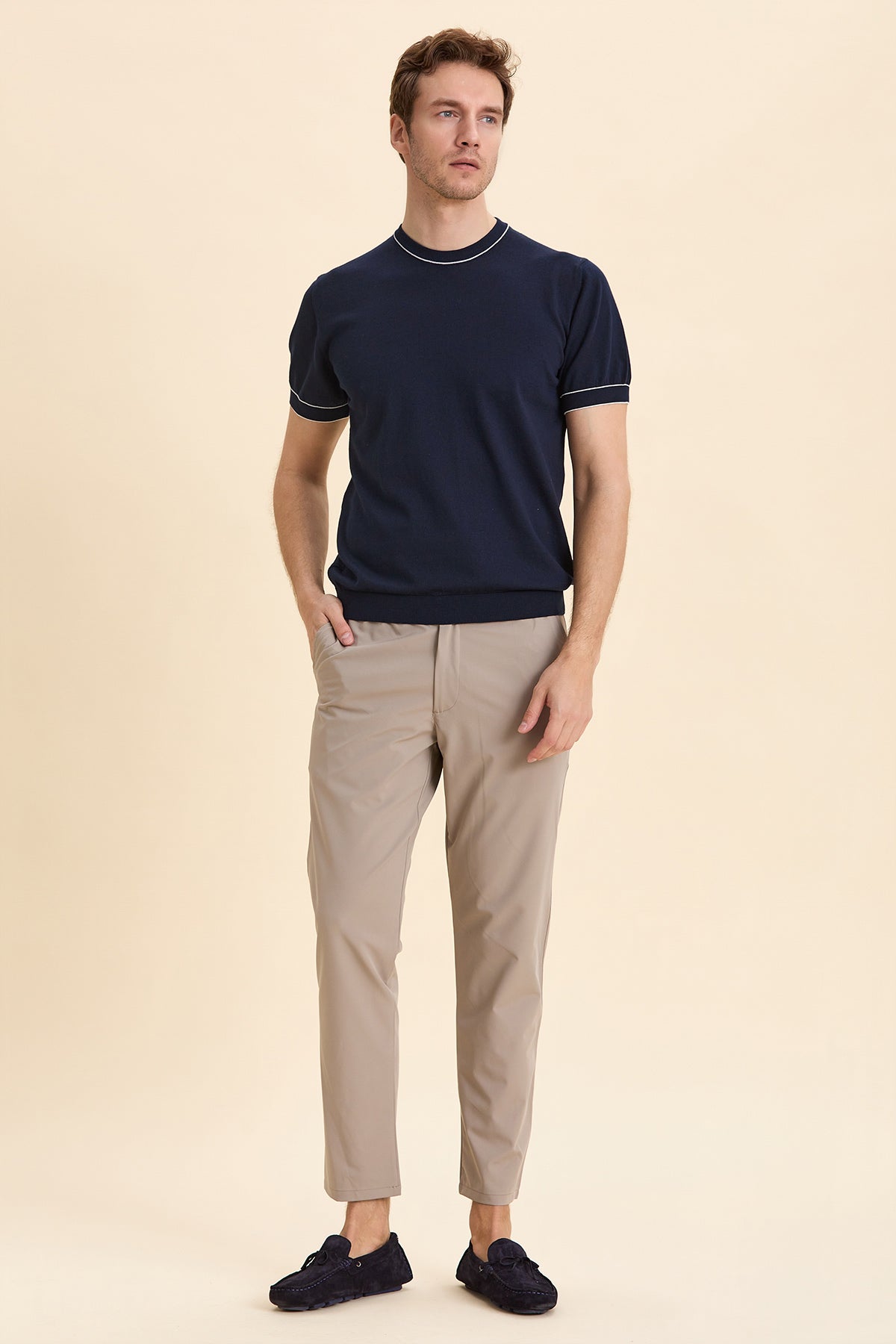 Navy Blue Crew Neck Short Sleeve Knitwear
