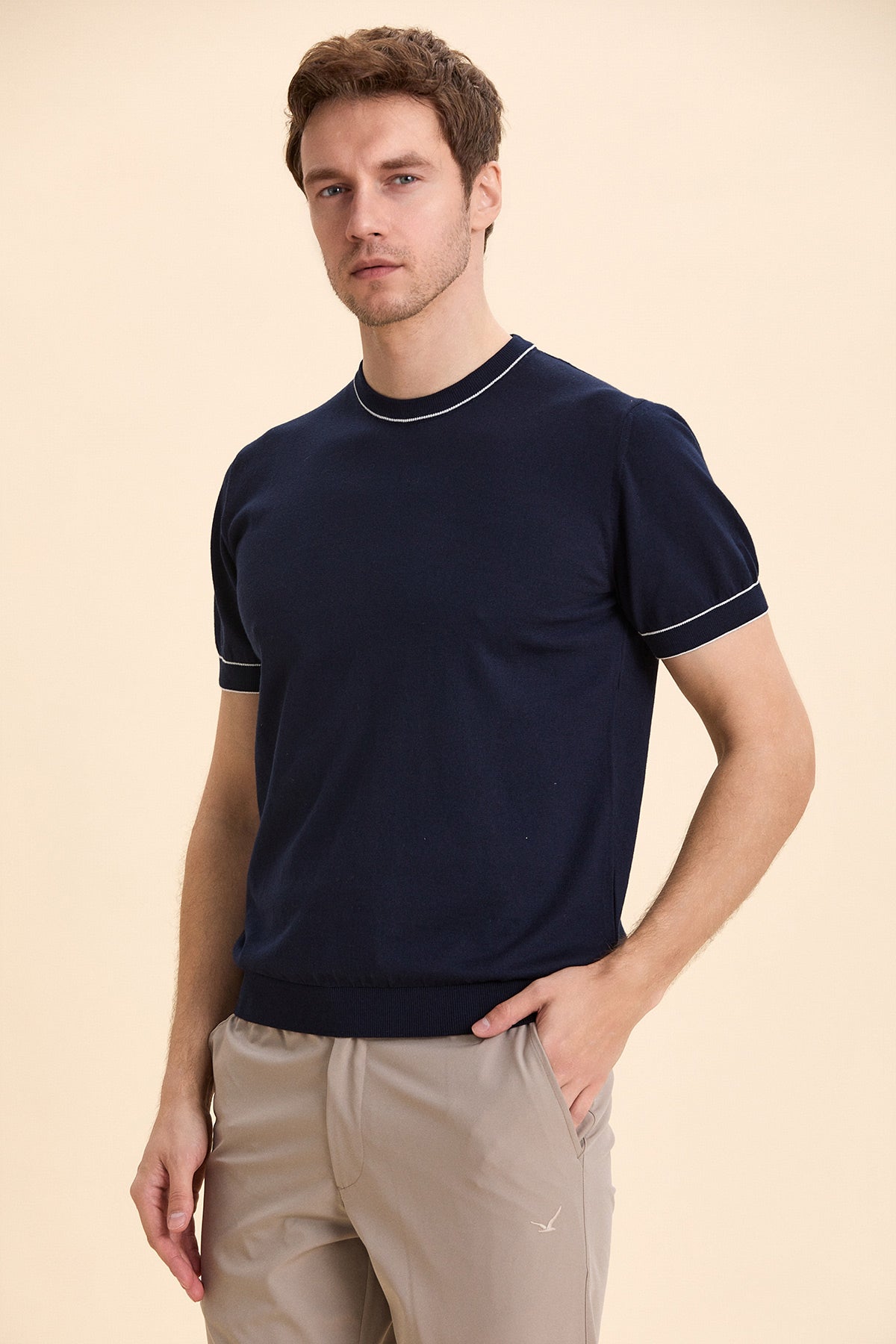 Navy Blue Crew Neck Short Sleeve Knitwear