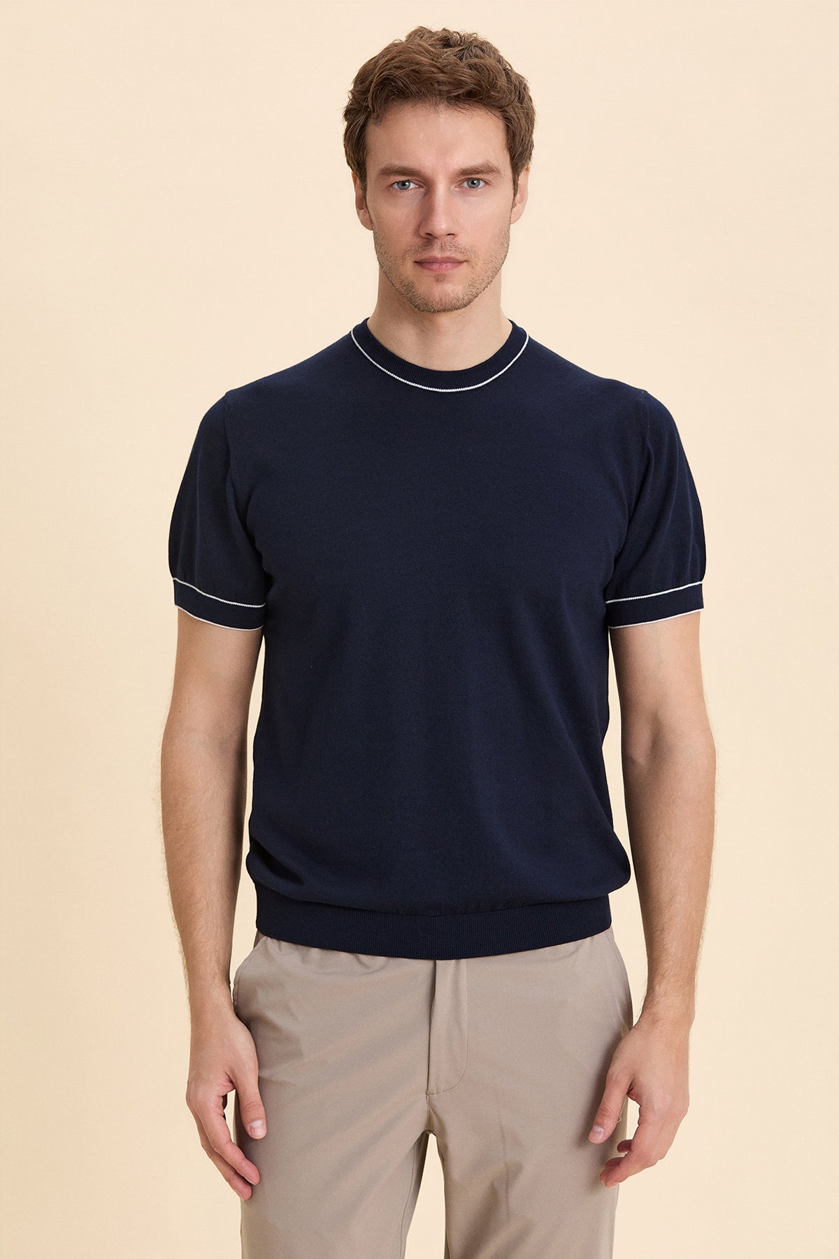 Navy Blue Crew Neck Short Sleeve Knitwear