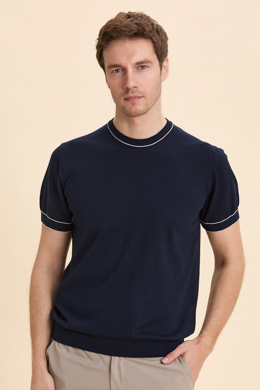 Navy Blue Crew Neck Short Sleeve Knitwear