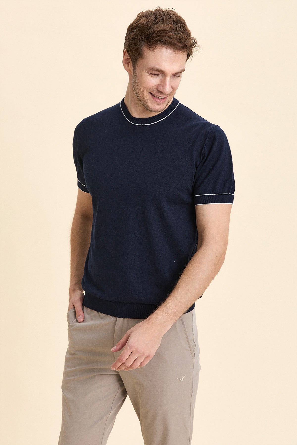 Navy Blue Crew Neck Short Sleeve Knitwear