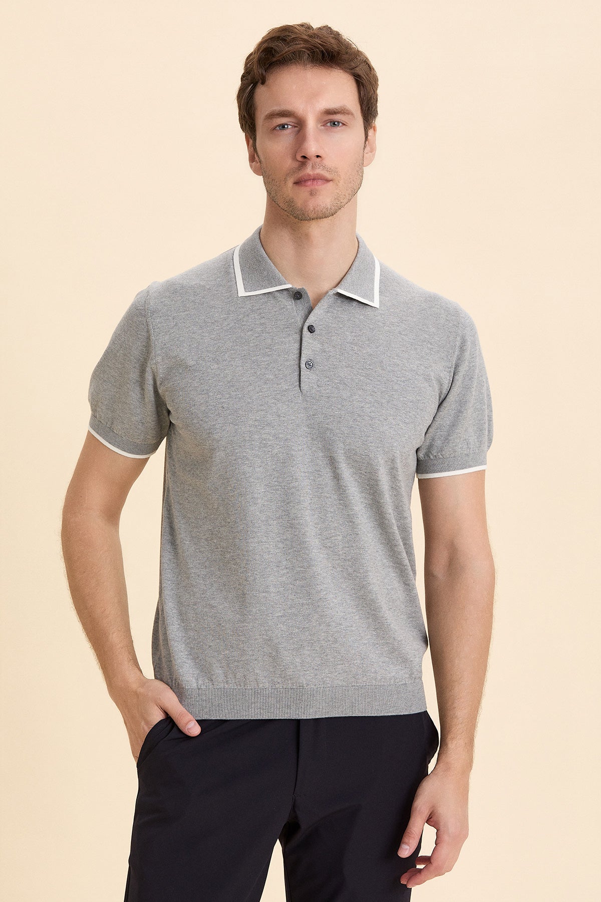Gray Melange Polo Knitwear