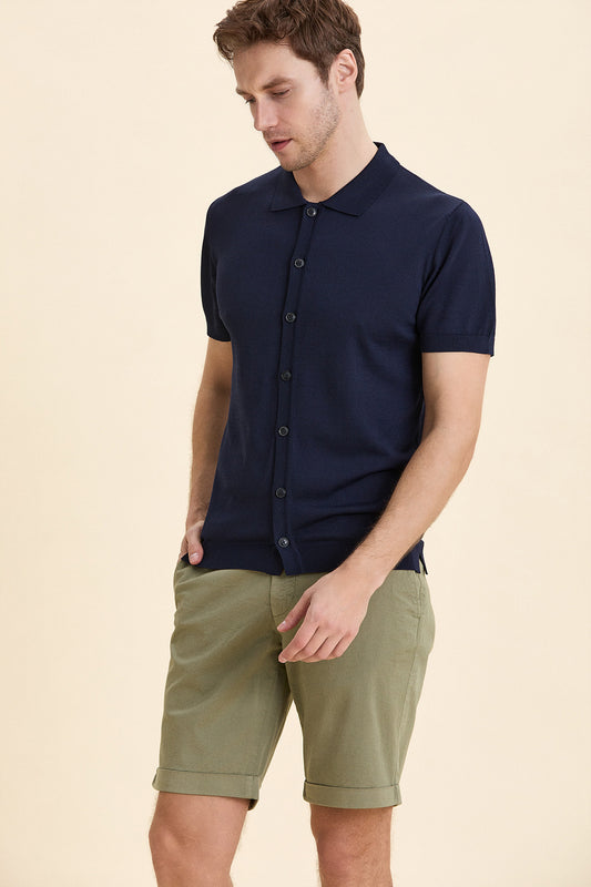 Navy Blue Polo Neck Knitwear Shirt