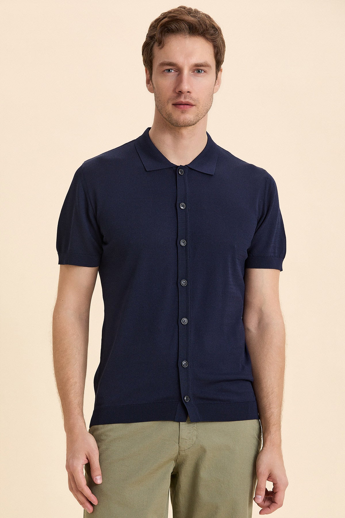 Navy Blue Polo Neck Knitwear Shirt