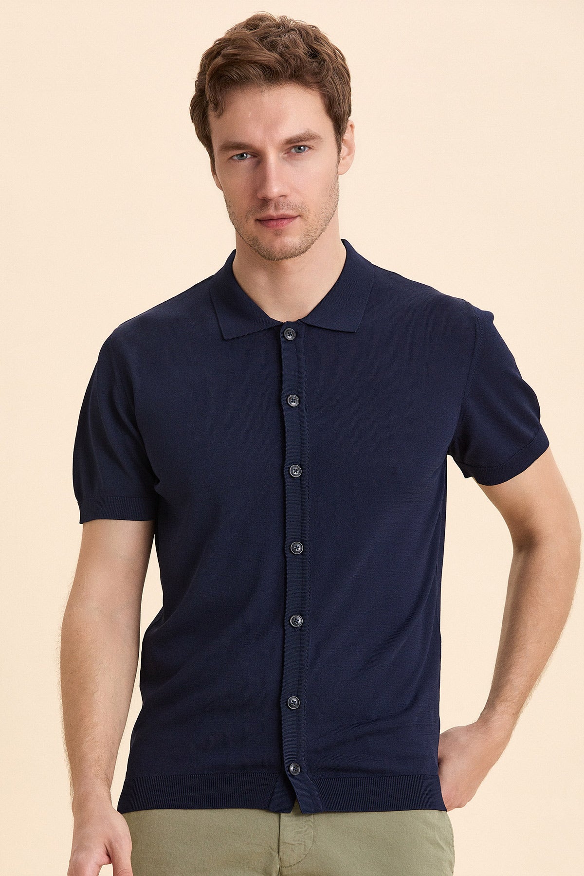 Navy Blue Polo Neck Knitwear Shirt