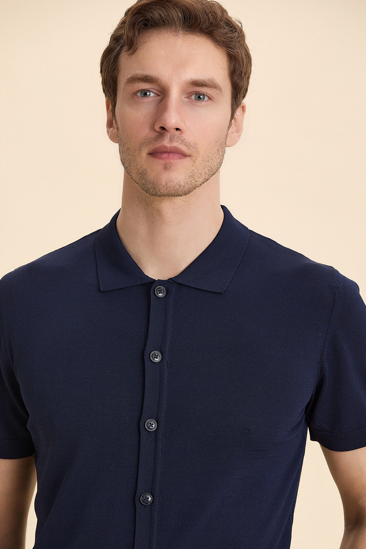 Navy Blue Polo Neck Knitwear Shirt