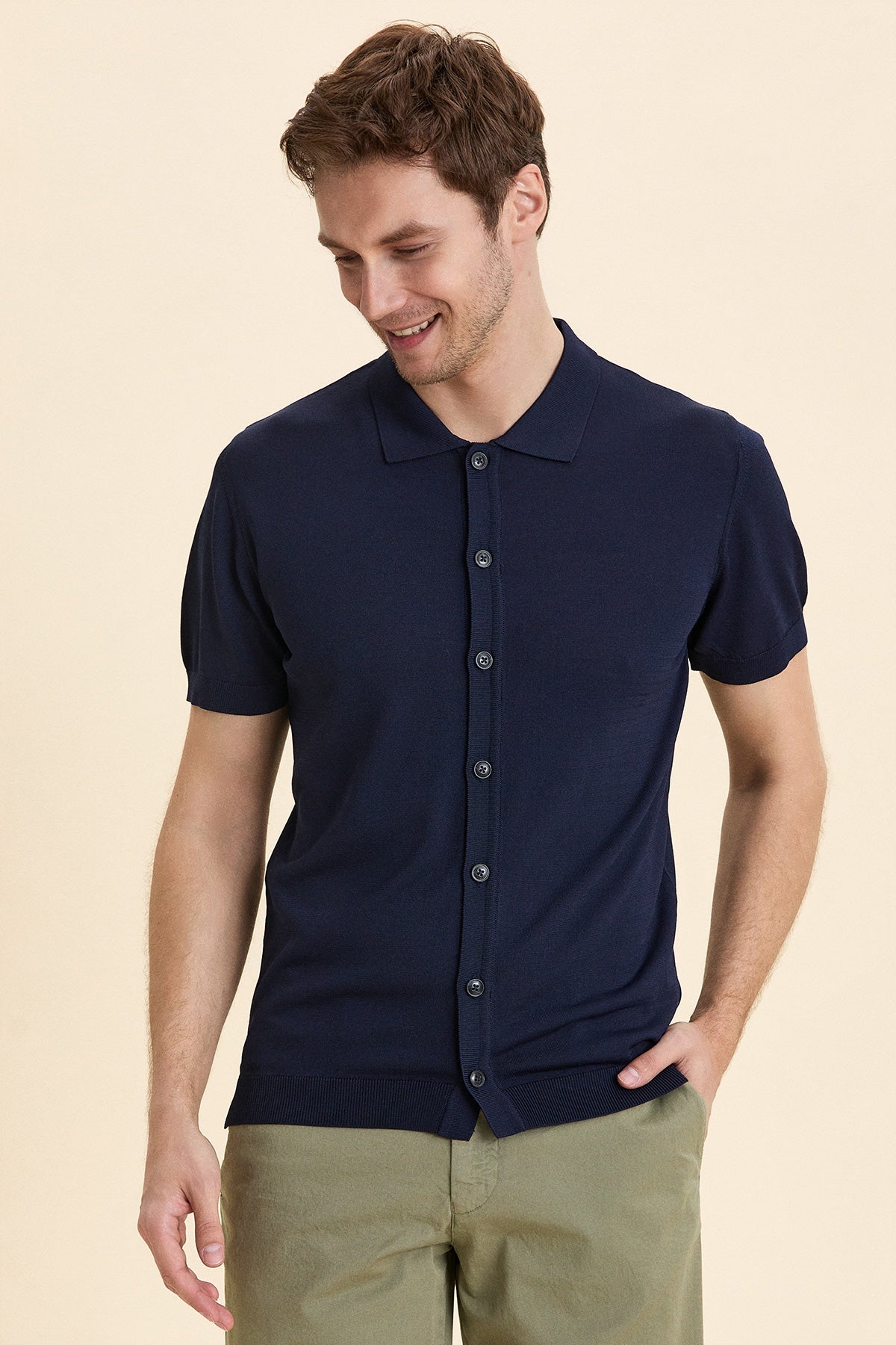 Navy Blue Polo Neck Knitwear Shirt