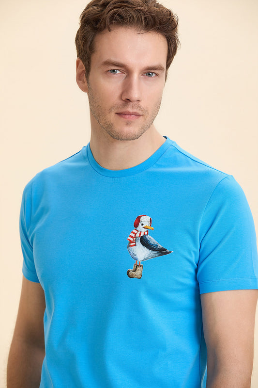 Turquoise Printed and Cotton T-Shirt