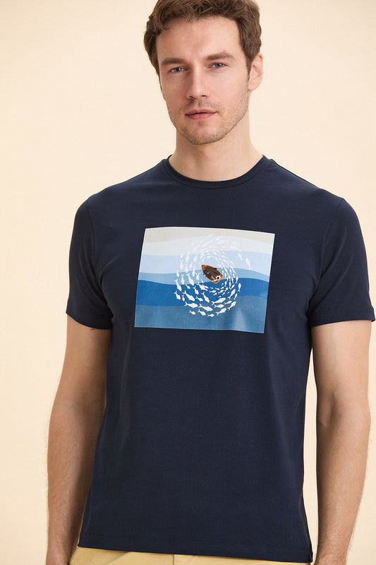 Navy Blue Crew Neck Printed T-Shirt