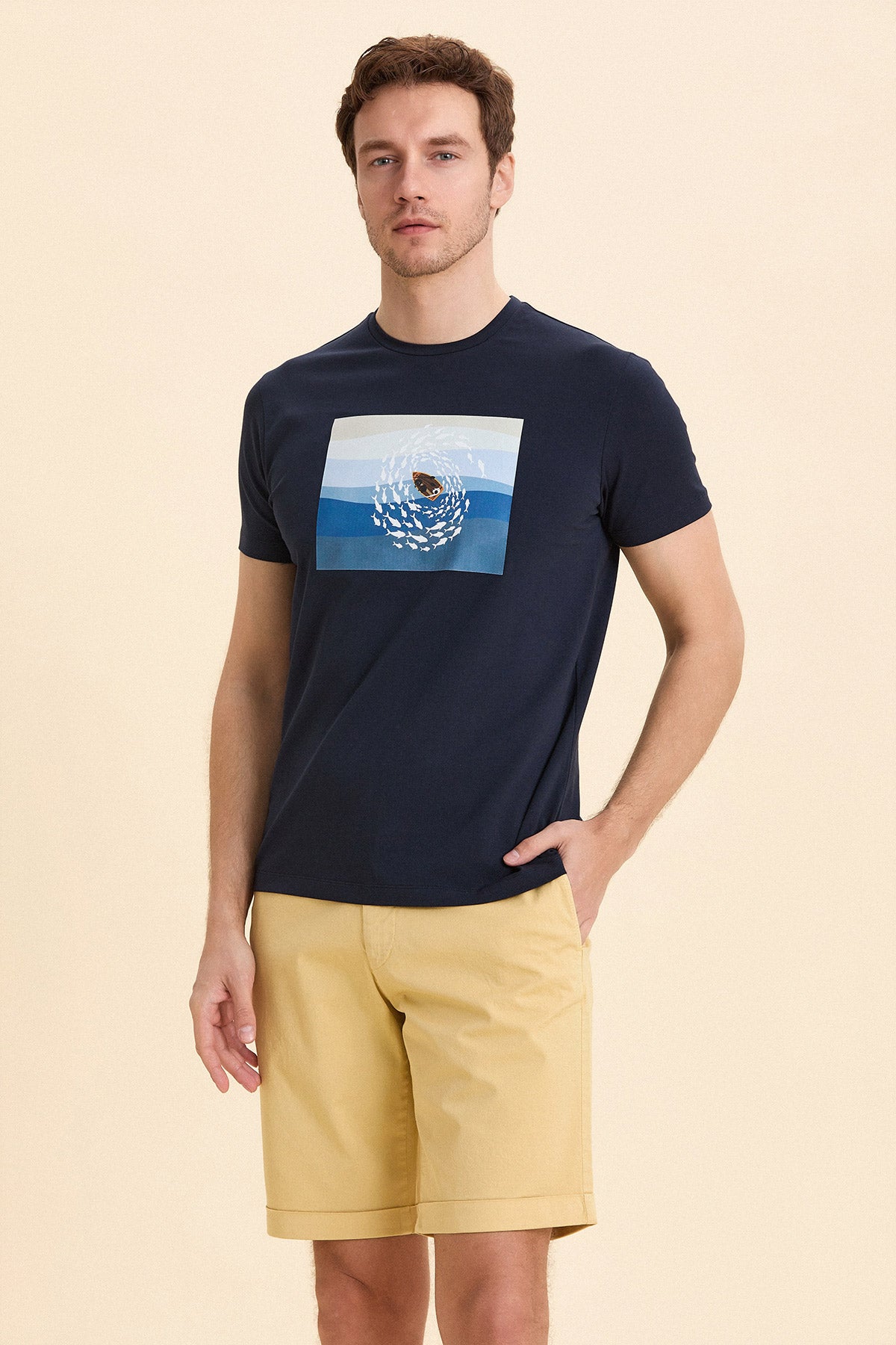 Navy Blue Crew Neck Printed T-Shirt