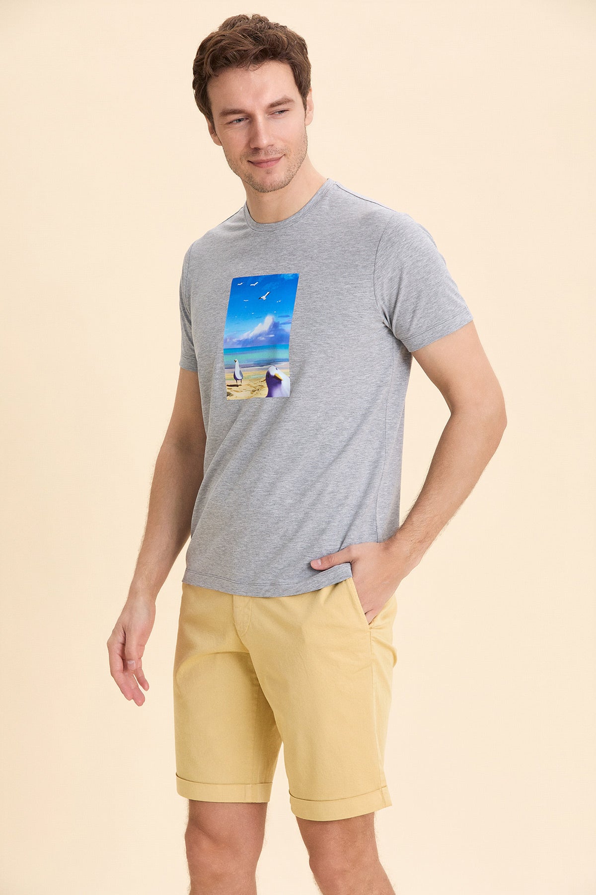 Gray Melange Printed T-Shirt