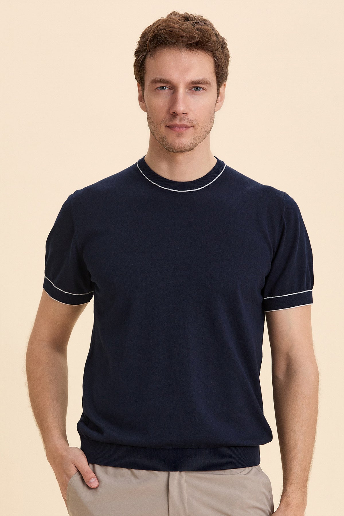 Navy Blue Crew Neck Short Sleeve Knitwear