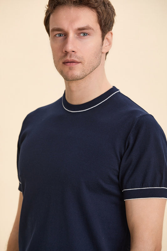 Navy Blue Crew Neck Short Sleeve Knitwear