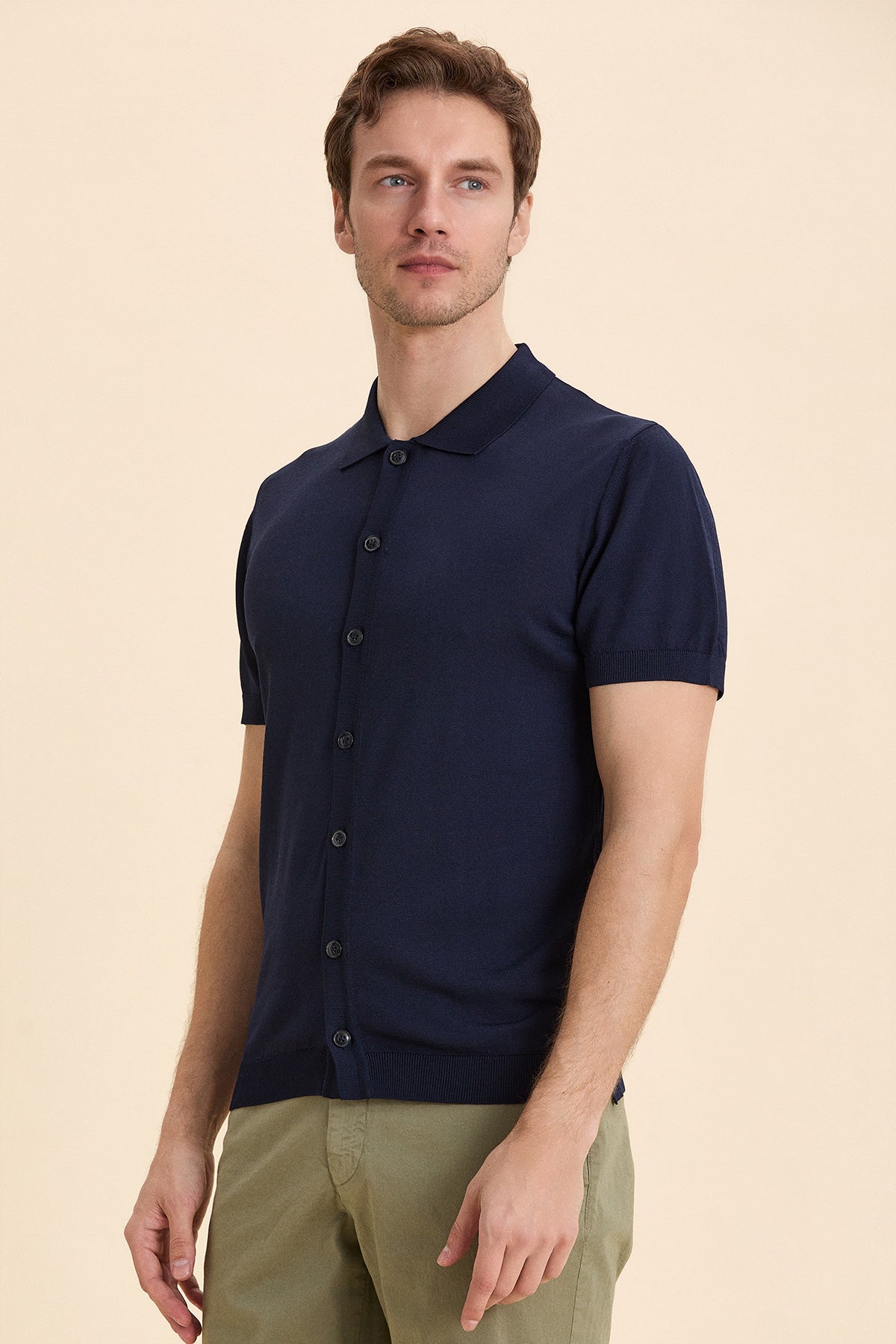 Navy Blue Polo Neck Knitwear Shirt