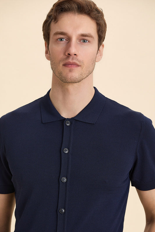 Navy Blue Polo Neck Knitwear Shirt